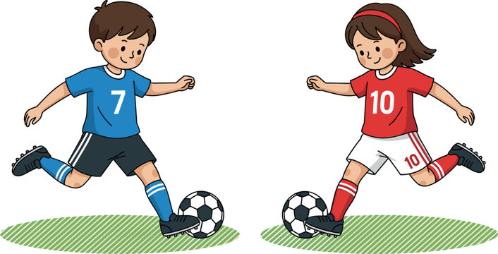 a boy and a girl, playing soccer together, dribbling the ball with their feet on a green sports field, wearing blue and red team jerseys, celebrating youth sports and healthy active lifestyle.