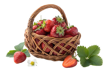 Fresh Red Strawberries in Rustic Wicker Basket with Green