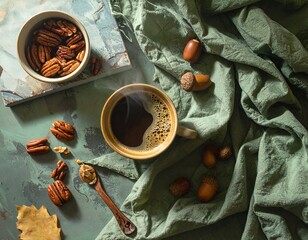 Overhead still life with coffee, nuts, acorns, a leaf, and a green cloth