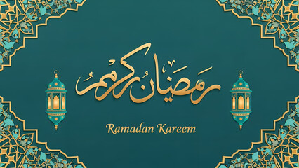 Ramadan Kareem celebration with lanterns and Arabic calligraphy on a green background g (1)
