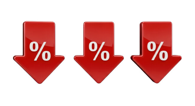 Red percentage down arrows isolated on transparent background