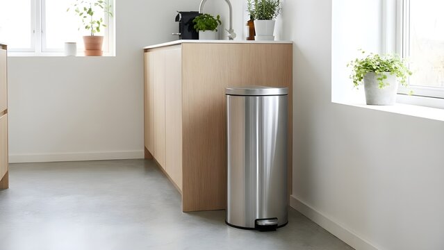 Modern Kitchen Interior with Stainless Steel Trash Can, Light Wooden Cabinets, and Potted Plants by the Window