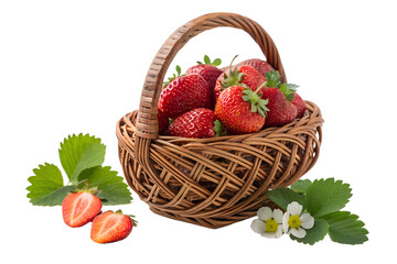Ripe Strawberries in Woven Basket with Leaves on White Background