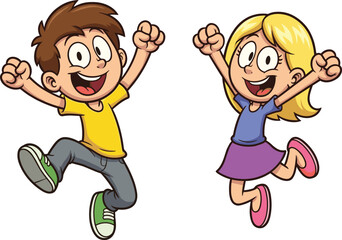 Happy kids jumping cartoon illustration, joyful boy and girl celebrating success, playful children characters, fun energy concept, colorful vector