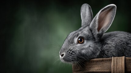 Naklejka premium Gray rabbit in a wooden crate