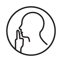 A minimalist black and white line drawing depicts a human head in profile with a finger raised to the lips signifying silence or secrecy