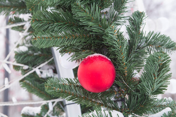 Christmas decorations on the city streets. Christmas baubles.