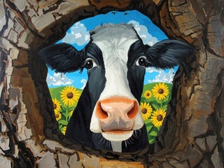 Curious cow in sunflower field