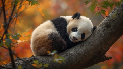 Obraz premium Cuddly panda cub napping on tree branch