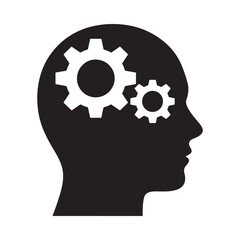 A black silhouette of a human head in profile with gears inside representing thought intelligence and the mechanics of the mind