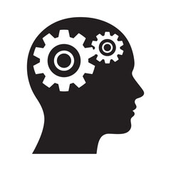 A silhouette of a human head is depicted with internal gears symbolizing thought processes intelligence and the mechanics of the mind