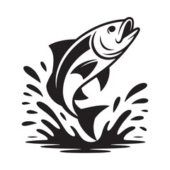 A striking black and white illustration depicts a fish leaping upwards from water creating dynamic splashes and a sense of energetic movement