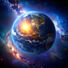 Vibrant depiction of Earth, bathed in sunlight, amidst stellar nebulae