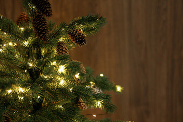 Christmas Tree Branches with Warm Fairy Lights Close Up