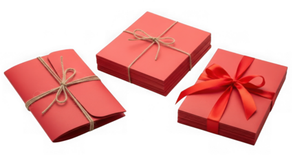 Red envelopes with ribbon on white background isolated on transparent background