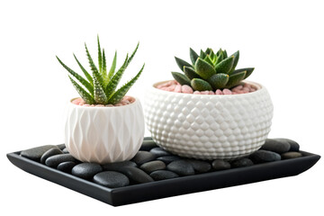 Modern Succulent Plants in White Ceramic Pots with Black Pebble Tray
