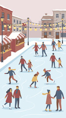 Winter town scene with people ice skating on a festive outdoor rink