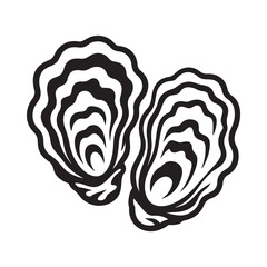 A striking black and white illustration showcases two open oyster shells revealing their pearly interiors and textured layered formations