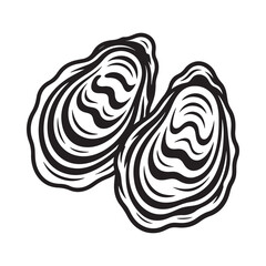 Fototapeta premium A detailed black and white illustration depicts two fresh oysters with prominent ridged shells showcasing their natural curves and textures in a vintage style