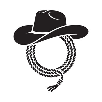 A striking black silhouette depicts a classic cowboy hat paired with a coiled lasso evoking imagery of the american west and ranch life