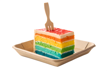 Colorful Rainbow Layer Cake Slice on Plate with Fork