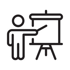 A simple black and white line drawing depicts a person presenting information using a projector and screen on an easel