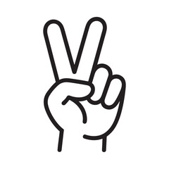A simple black and white line drawing depicts a hand making the universally recognized peace sign or victory gesture with two fingers raised