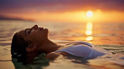Serene woman floating in ocean water enjoying a peaceful sunset with orange and yellow hues and golden sunlight reflection