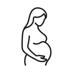 A simple black and white line drawing depicts a pregnant woman in profile gently cradling her visibly rounded abdomen with one hand