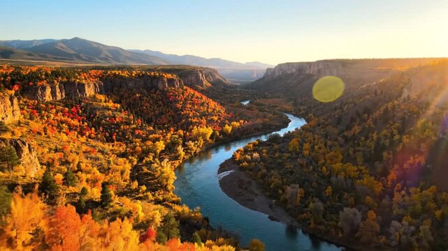 Scenic Aerial View of the Autumn Colors of the Rio Grande Gorge with Sun Flare
