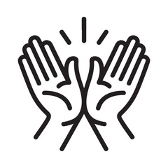 A simple black and white line drawing depicts two hands clapping together showcasing a gesture of applause and positive reinforcement