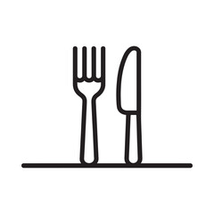 A simple black and white line drawing depicts a fork and knife side by side on a flat surface suggesting dining or restaurant imagery