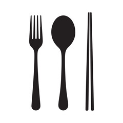 A simple black and white illustration depicting a fork spoon and pair of chopsticks arranged horizontally in a line