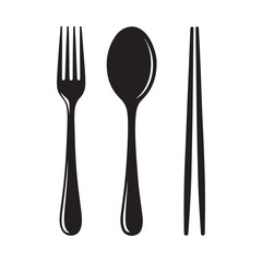 A simple black and white illustration showcases a fork spoon and chopsticks aligned horizontally representing dining and culinary concepts