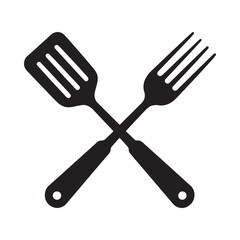 A simple black and white illustration depicts a crossed spatula and fork commonly used kitchen tools for cooking and serving food