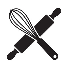 a simple black and white illustration depicting a whisk and a rolling pin crossed over each other representing baking tools