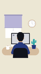 Minimalist illustration of a person working at a desk with computer and coffee