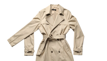 A beige trench coat, double-breasted with belt, draped on a black background