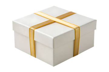 White Gift Box with Gold Ribbon PNG Transparent Isolated Clipart Vector Illustration Christmas Birthday Present