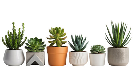 Obraz premium Variety of Succulents in Different Pots on White Background