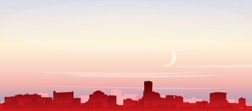 Red panoramic poster of the city skyline with misty background buildings, sunrise, moon and clouds of ZAGREB, CROATIA