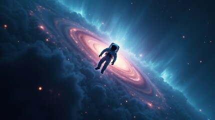 A lone astronaut floats in zero gravity near a vibrant spiral galaxy