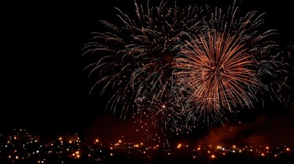 A fireworks display in the night sky with a city in the background. The fireworks are bright and colorful, creating a festive atmosphere