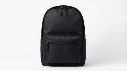Naklejka premium Modern black minimalist backpack isolated on white background with front pocket and zipper for school or travel