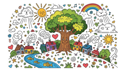 Obraz premium Whimsical village scene with rainbow and happy tree