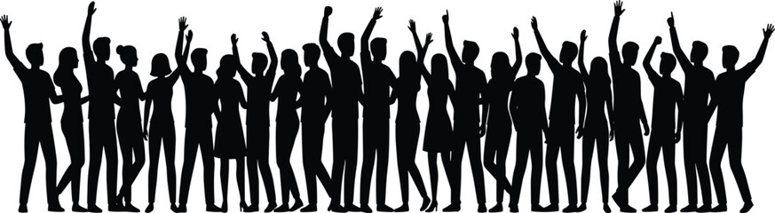 Cheering, crowd, silhouettes, people, celebration, unity, teamwork, success, happiness, freedom, diversity, community, audience, event, festival, party, energy, togetherness, joy, concept