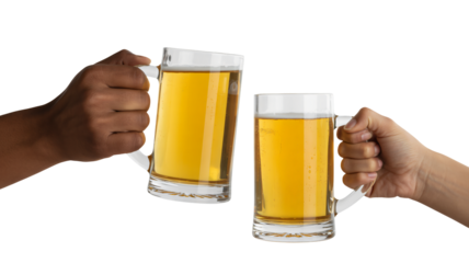 Diverse Hands Clinking Beer Mugs on White Background