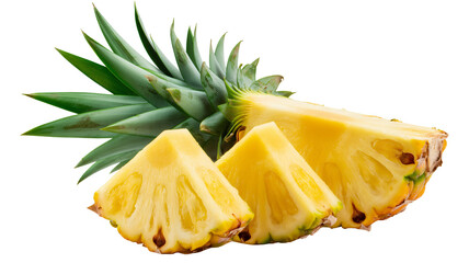 Fresh Pineapple Slices with Green Leaves on White Background