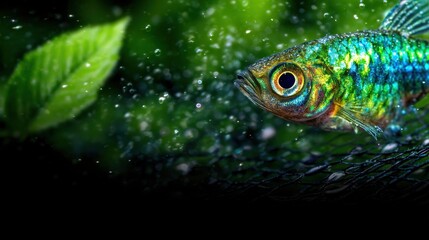 Fototapeta premium Vibrant fish in a net, surrounded by leaves and water droplets