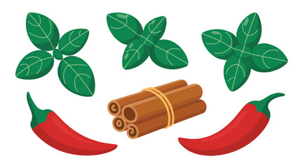 Spicy ingredients set with chili peppers and cinnamon sticks